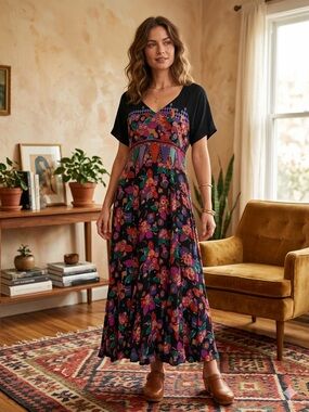 Vintage Carole Little Mixed Floral Print Maxi Dress Black Boho Whimsigoth 90s M